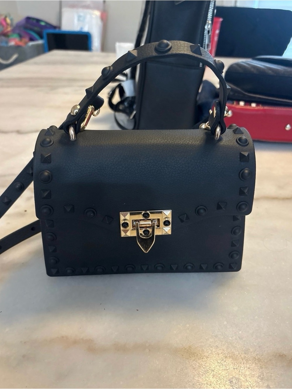 Black Studded Top-Handle Crossbody Bag